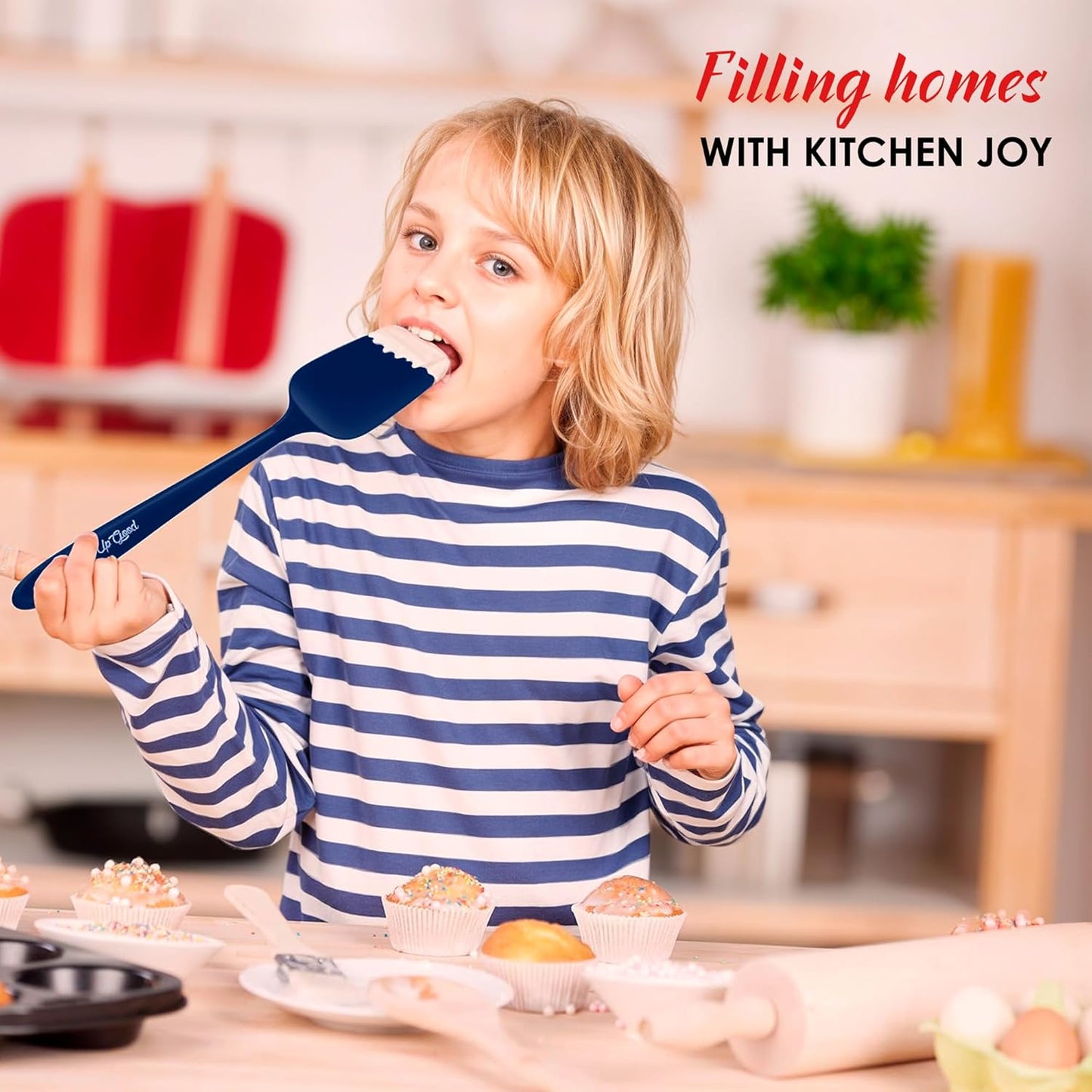 Silicone Spoon Spatula - 600ºF Heat-Resistant Non-Stick Rubber Spoonula | Use as Silicone Kitchen Scraper Utensil - Baking and Cooking Strong Stainless Steel Core | UpGood Kitchen Utensils, (Blue)