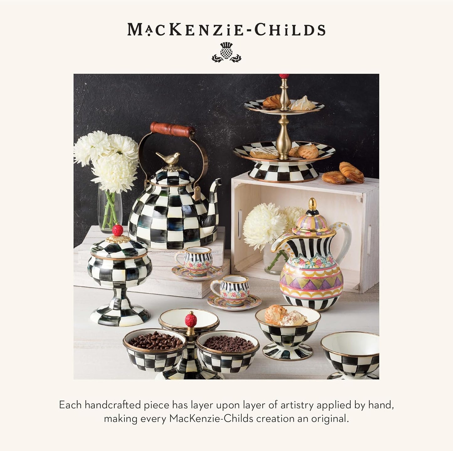 MACKENZIE-CHILDS Enamel Abundant Bowl, Decorative or Serving Bowl, 13-Cup Capacity, Black-and-White Courtly Check