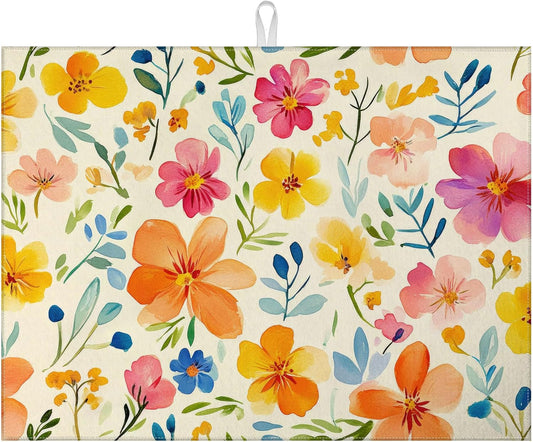 Colorful Flower Dish Drying Mat for Kitchen Counter Spring Floral Drying Pad Absorbent Reversible Dish Drainer Rack Mats Draining Pad 18"x24"Inch