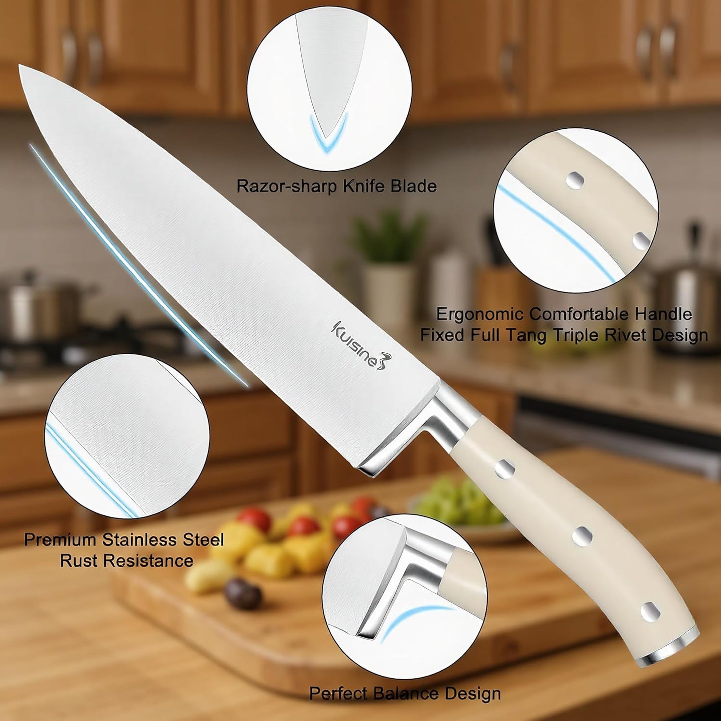 KUISINE Knife Set High Carbon Stainless Steel Ultra Sharp Blade Ergonomic Handle,Knife Block Set with Built-in Sharpener Upgraded(Ivory Acacia,15PCS)