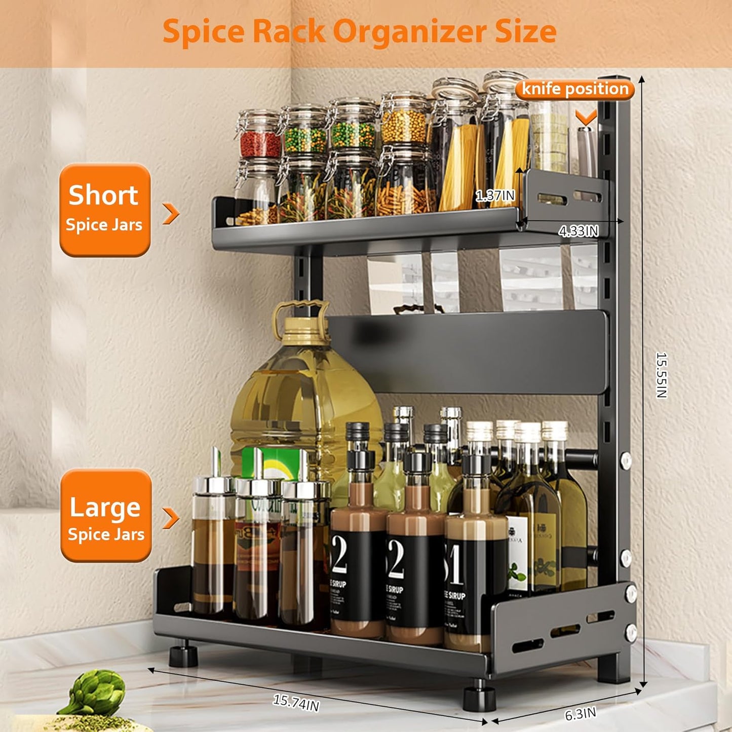 Spice Rack Organizer, 2-Tier Height-Adjustable Kitchen Countertop Spice Organizer Shelf, Metal Rust-Proof Standing Large Spice Racks with Guardrail & Knife Block for Kitchen Storage