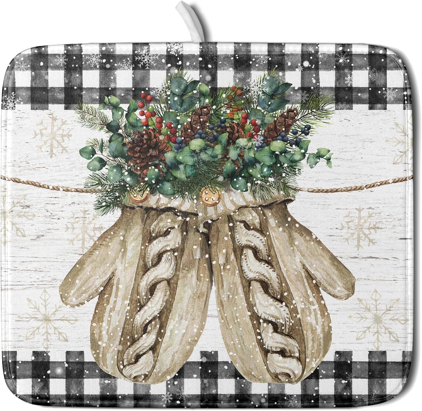 Christmas Dish Drying Mat for Counter 16'' X 18'', Black Buffalo Plaid Snowflake Gloves Dish Drainer Mats Medium Absorbent Fast Dry Microfiber Rack Pads Kitchen Accessories