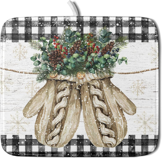 Christmas Dish Drying Mat for Counter 16'' X 18'', Black Buffalo Plaid Snowflake Gloves Dish Drainer Mats Medium Absorbent Fast Dry Microfiber Rack Pads Kitchen Accessories