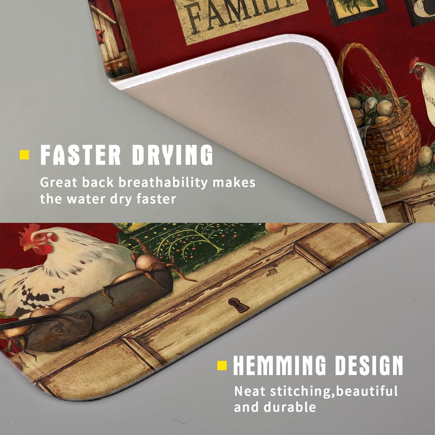 Vintage Rooster Dish Drying Mats 16x18 Inch,Farmhouse Country Hen Chicken Sunflower Microfiber Absorbent Quick-Dry Drainer Rack Sink Protector Pad for Kitchen Counter Decor