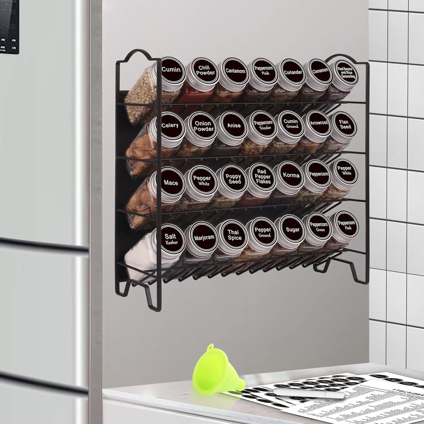 SWOMMOLY Magnetic Spice Rack Organizer with 28 Glass Spice Jars, 396 Spice Labels with Chalk Marker and Funnel Set for Refrigerator, Metal Fridge, Microwave, Cabinet, Countertop,12.9" W x 12.4" H