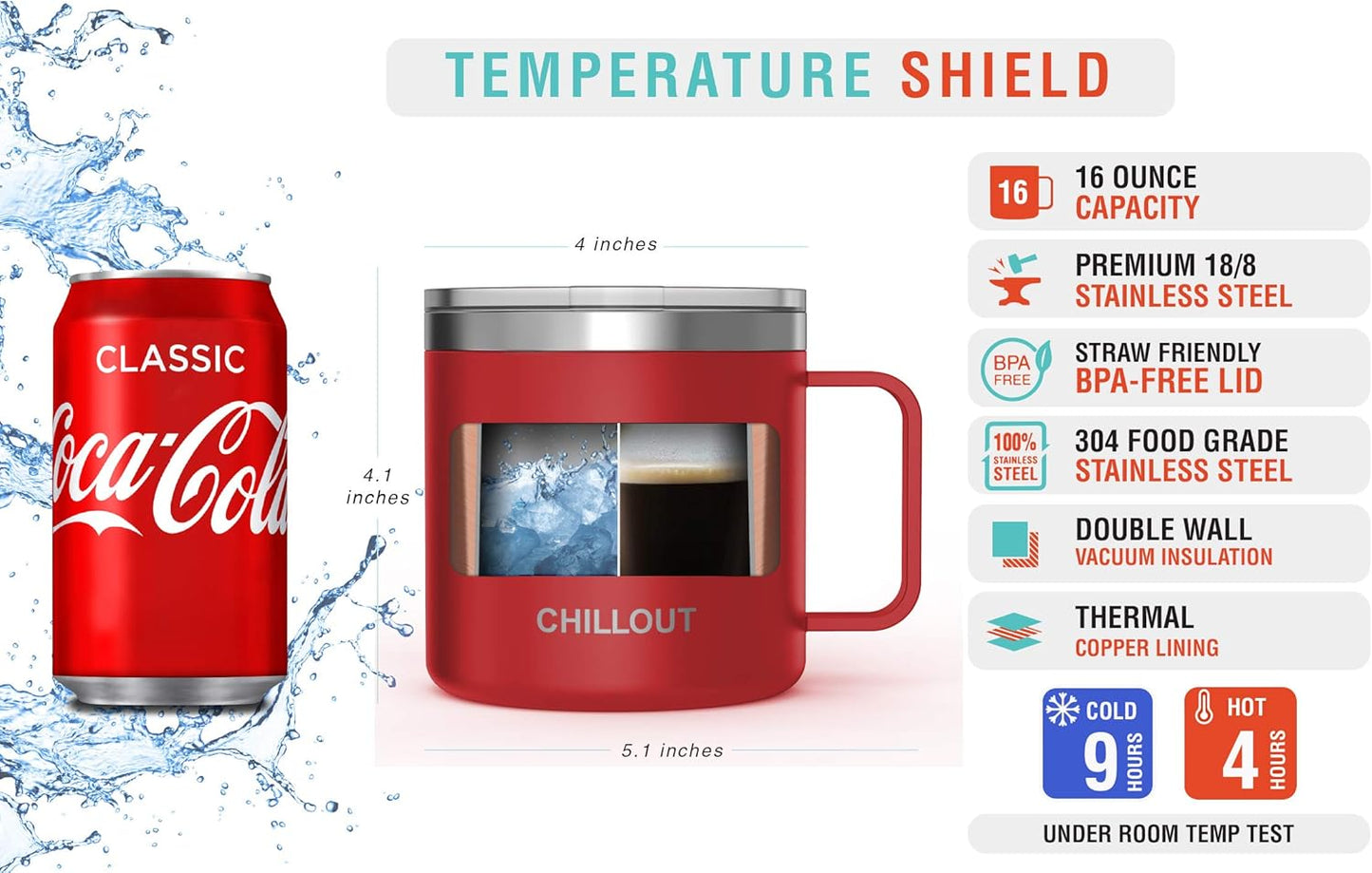 CHILLOUT LIFE Stainless Steel 16 oz Vacuum Insulated Coffee Mug with Handle and Lid, Large Thermal Camping Coffee Mug Cup with Durable Sliding Lid for Men & Women, Keeps your Beverages Hot & Cold