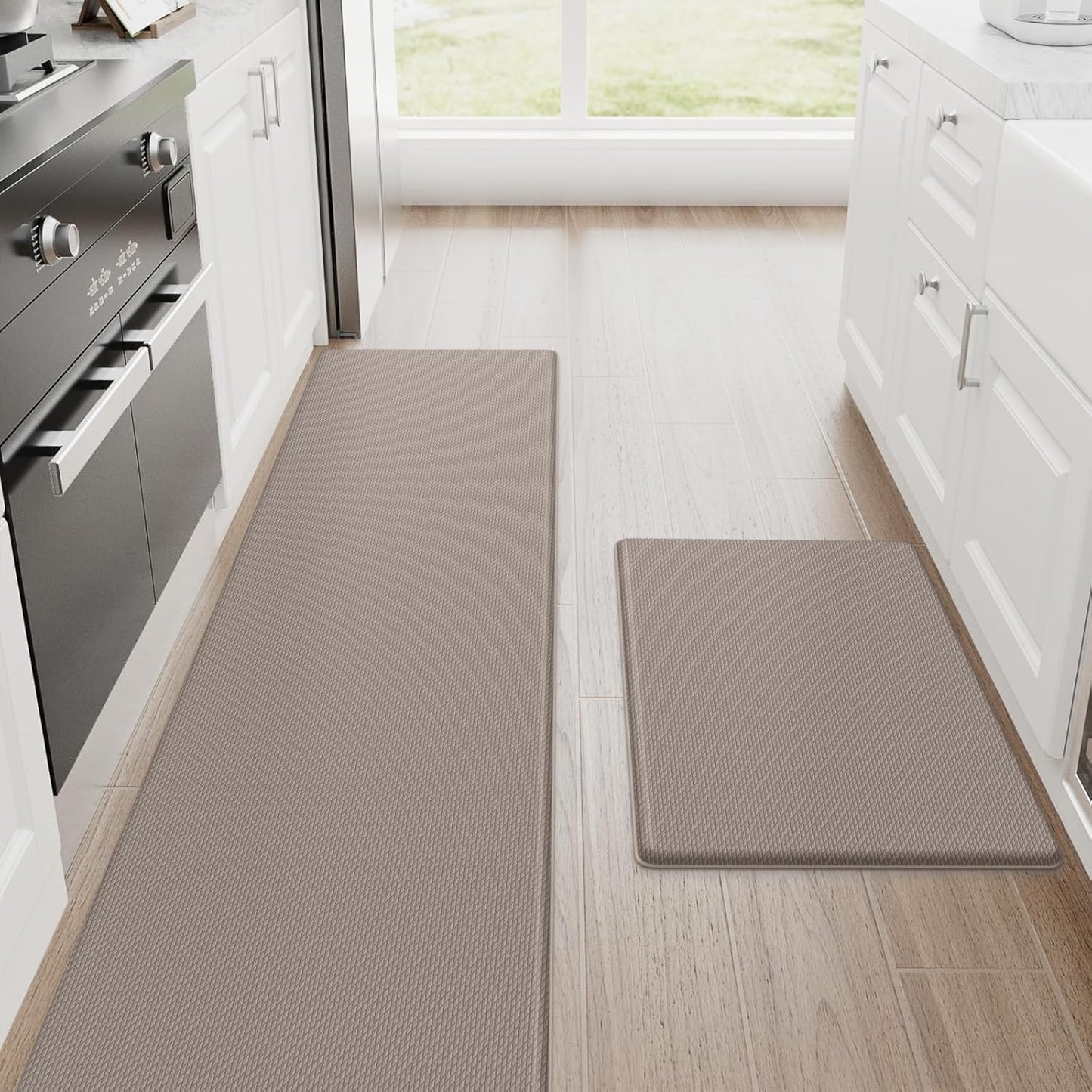 StepRite Kitchen Mats, 2PCS Kitchen Rugs, Cushioned Anti Fatigue Kitchen Mats for Floor, Non-Slip Standing Desk Mat, Waterproof Kitchen Rug Set for Kitchen, Floor, Office, 17.3"x30"+17.3"x70", Khaki