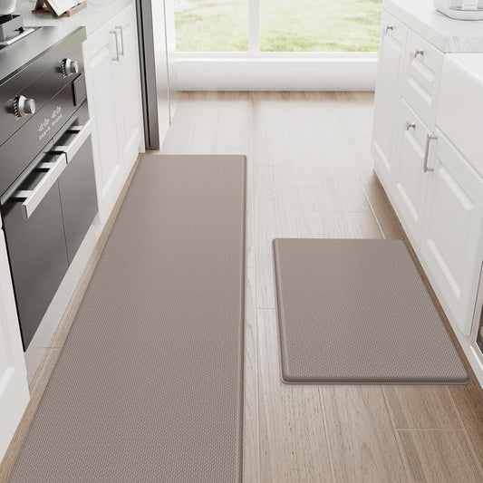 StepRite Kitchen Mats, 2PCS Kitchen Rugs, Cushioned Anti Fatigue Kitchen Mats for Floor, Non-Slip Standing Desk Mat, Waterproof Kitchen Rug Set for Kitchen, Floor, Office, 17.3"x30"+17.3"x70", Khaki