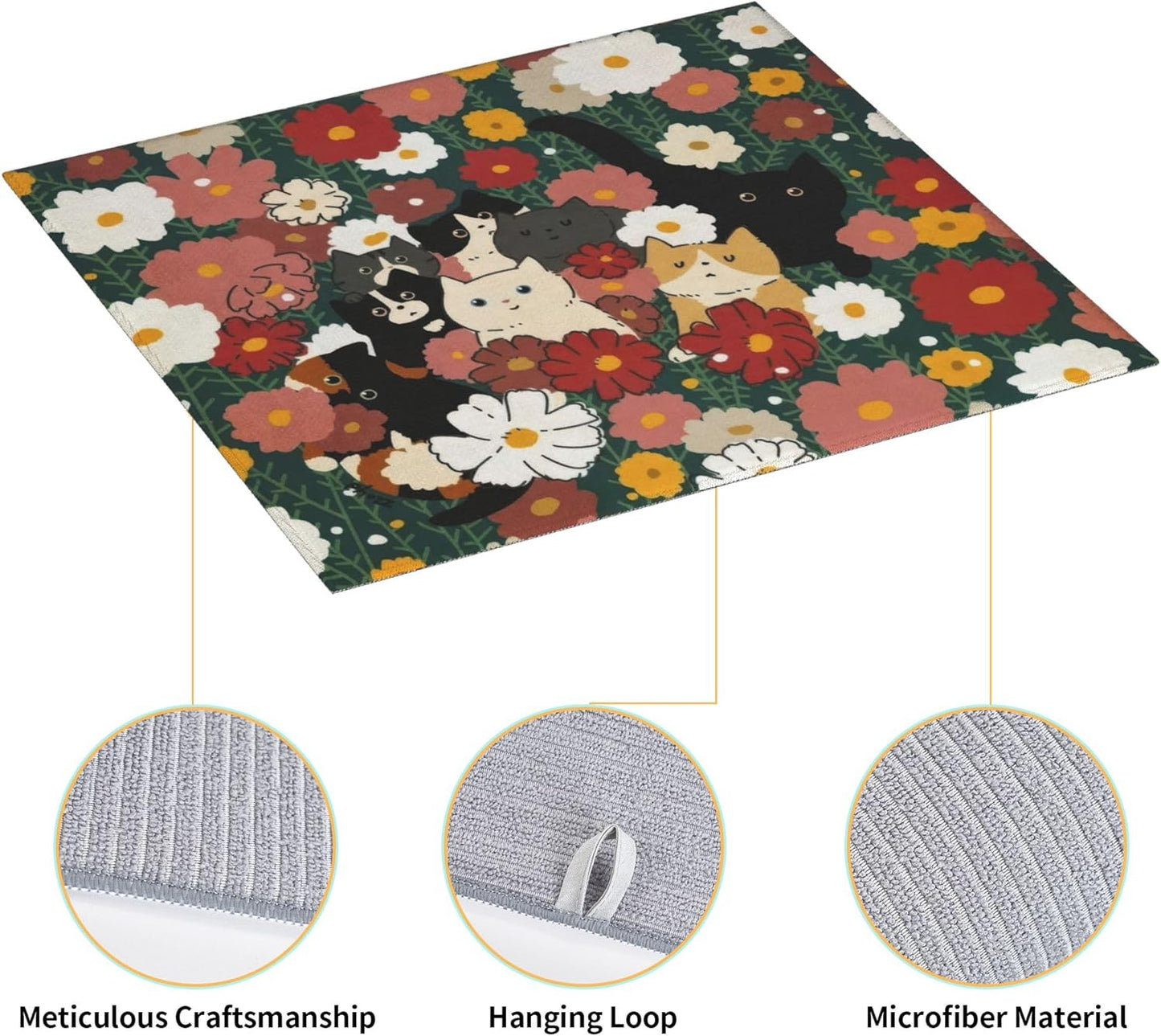 Cute Cat Flowers Dish Drying Mat 16x18 Inch, Microfiber Absorbent Fast Dry Mat Colorful Floral Large Dish Mat Drying Kitchen Mat, Kitchen Drying Pad for Kitchen Counter Coffee Bar Decor Gifts