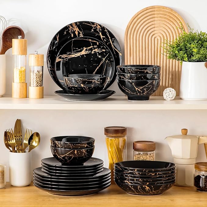 LOVECASA Plates and Bowls Sets for 6, 24 Pieces Porcelain Dinnerware Sets, Black and Gold Dish Set Gold Splash Dishware Sets, Dishwasher Microwave Safe