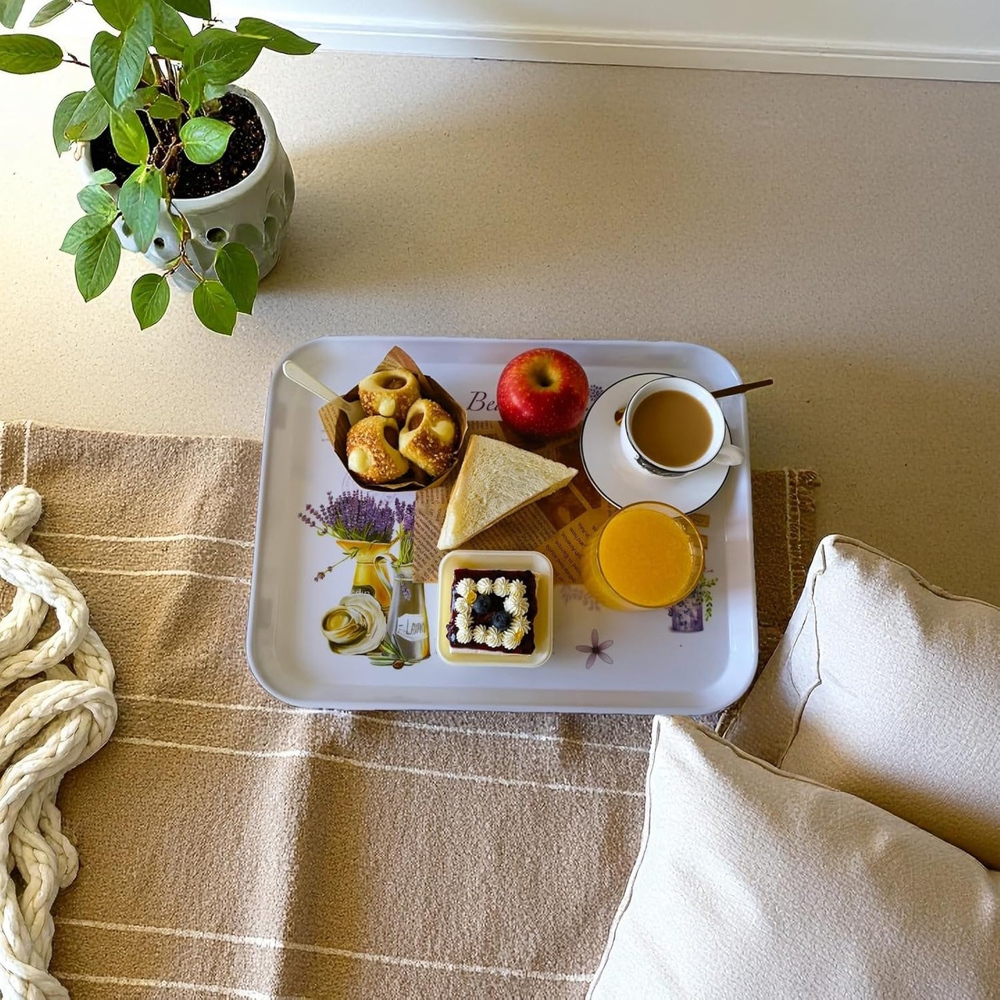 Large Serving Platter Melamine Trays 2 Pack Stackable Food Tray with Floral Print for Gift, Party, Decor, Home, Restaurant (Purple Lavender, Large)