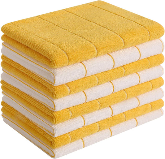 Microfiber Kitchen Towels - Super Absorbent, Soft and Solid Color Dish Towels, 8 Pack (Stripe Designed Yellow and White Colors), 26 x 18 Inch (Yellow)