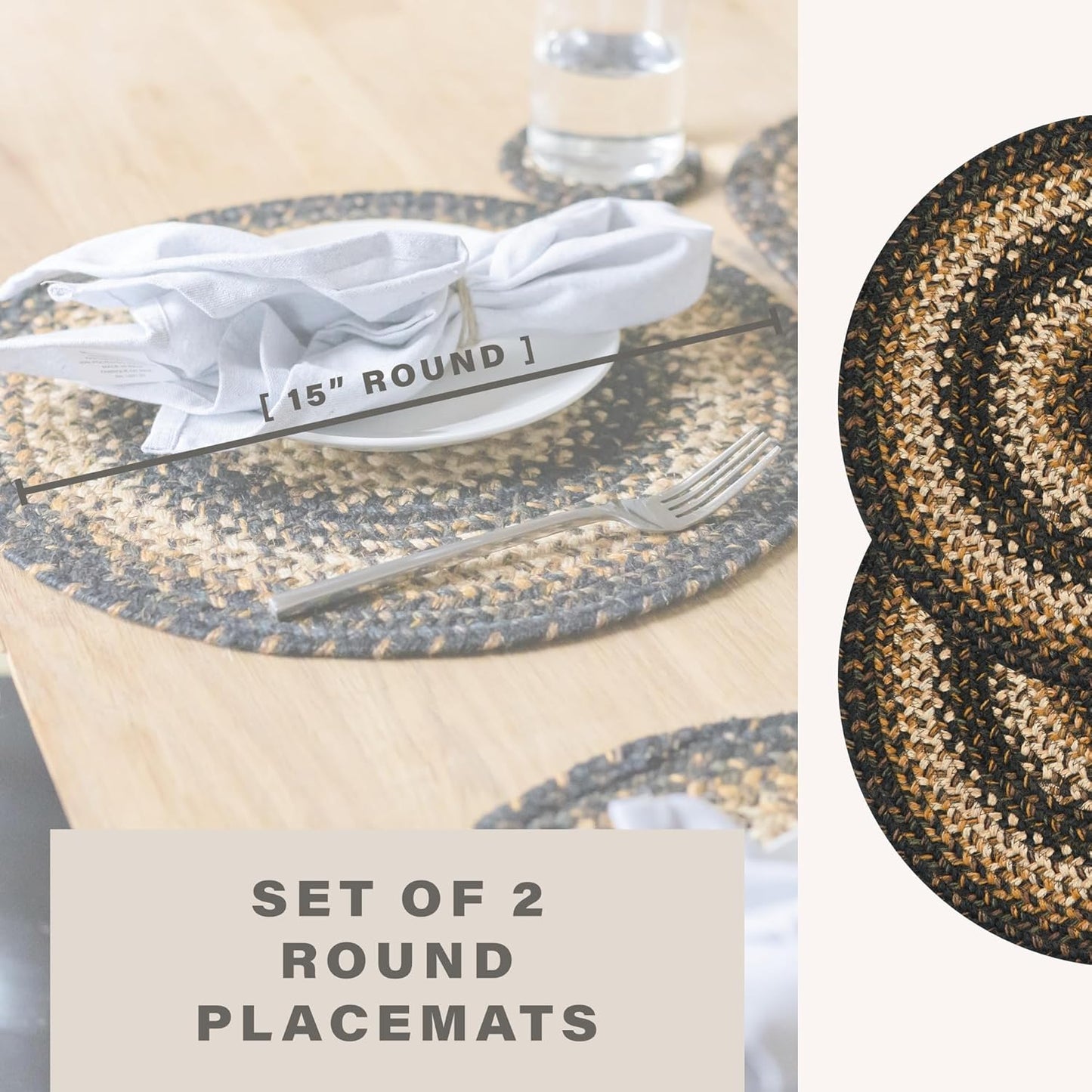Homespice Kilimanjaro Round Braided Placemats, Warm Primitive Decor, Set of 2, 15" Black and Tan Jute Table Mats - Vibrant Colors, Durable, Easy to Clean and Protects Furniture
