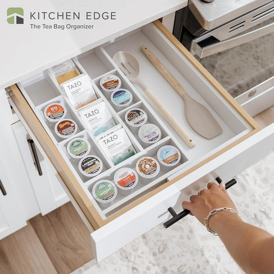 KitchenEdge Tea Bag and Coffee Pod Kitchen Drawer Organizer, Expandable 9.7 to 17 Inches, 10 Storage Compartments, Adjustable Wall Inserts, Non-Slip Feet, Food-Safe White Finish, 100% Bamboo Wood