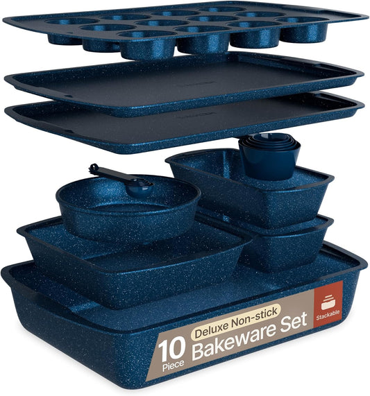 Blue Marble 10-Piece Bakeware Sets, Nonstick Carbon Steel Baking Sheet & Pans, Stackable Space-Saving Bakeware, Dishwasher Safe, Stain-resistant, PFOAPFOSPTFE Free, Oven Safe Up To 450°F (230°C)