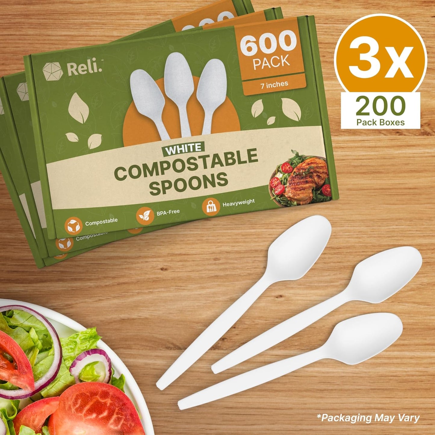 Reli. Compostable Spoons (600 Pack) | Soup Spoons, Disposable Utensils Heavy Duty | Compostable Utensils, Cutlery for Party, Hot Food, Party Supplies | BPA Free, Cornstarch (White)