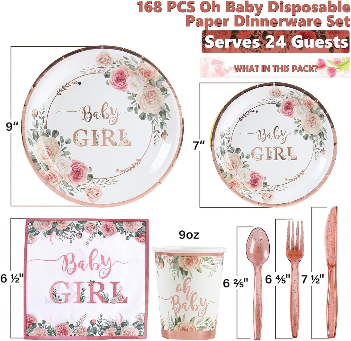 Floral Girl Baby Shower Tableware Set – Rose Gold Party Supplies with Plates, Cups, Napkins & Utensils – Serves 24 Guests, Perfect for Little Princess Party