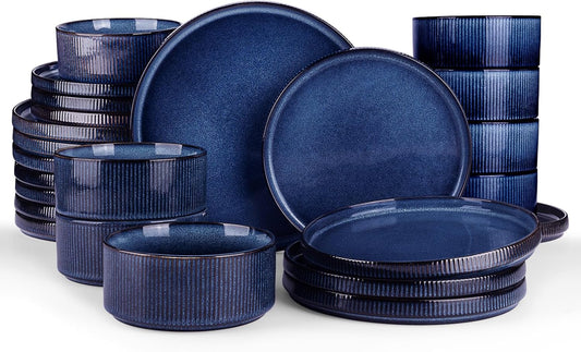 Famiware Star Plates and Bowls Sets, Modern Stoneware Dinnerware Sets for 8, 24-Piece Kitchen Dish Set - Microwave and Dishwasher Safe, Chip and Scratch Resistant, Nebulas Blue