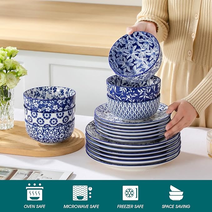 vancasso SELENE Plates and Bowls Set for 6, 18 Pieces Dinnerware Sets, Mircowave and Dishwasher Safe Dishes Set, Porcelain Blue Dinnerware