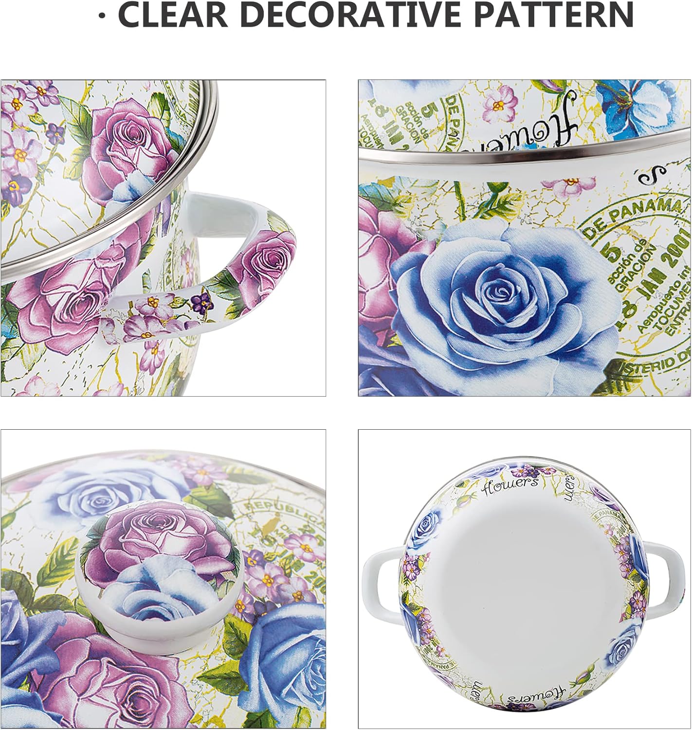 Retro Flower Enamel Stockpot with Lid,Stockpots for Cooking (5L-Blue Rose)