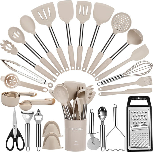Large Cooking Utensils Set, 35 Pcs Kitchen Utensils Set with Holder, Silicone Spatula Set with Stainless Steel Handle, Whisk, Basting Brush, Kitchen Gadgets for Nonstick Cookware (Khaki)
