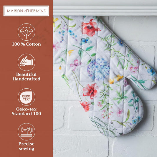 Maison d' Hermine Oven Gloves 100% Cotton Oven Mitt 7" x 13" with Loop Heat Resistant, BBQ, Cooking Gloves, Baking, Grilling, Kitchen, Handling Hot Pans Spring/Summer (Pack of 1, Just Floral)