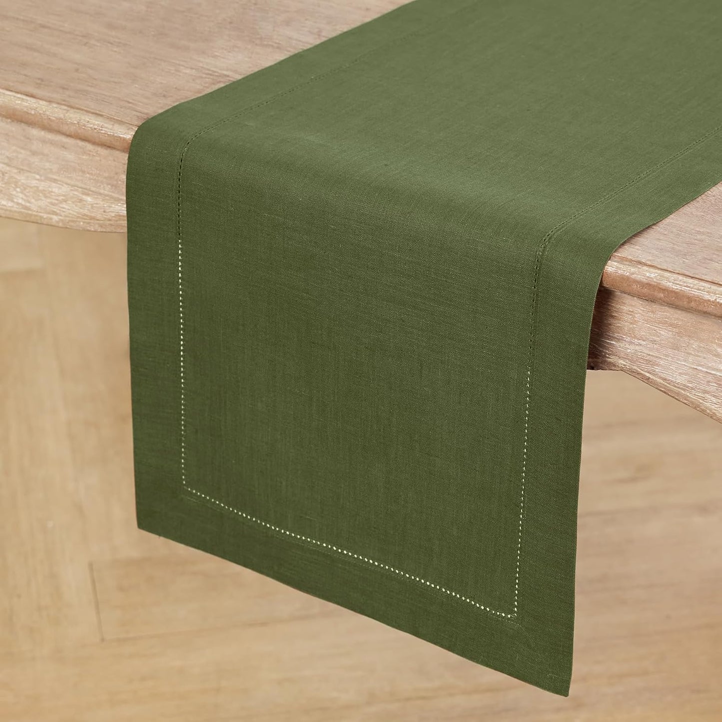 Solino Home Linen Table Runner 48 Inches - 100% Pure Linen Olive Hemstitch Table Runner 14 x 48 Inch Ideal for Dresser and Coffee Tables - Classic Hemstitch - Thanksgiving