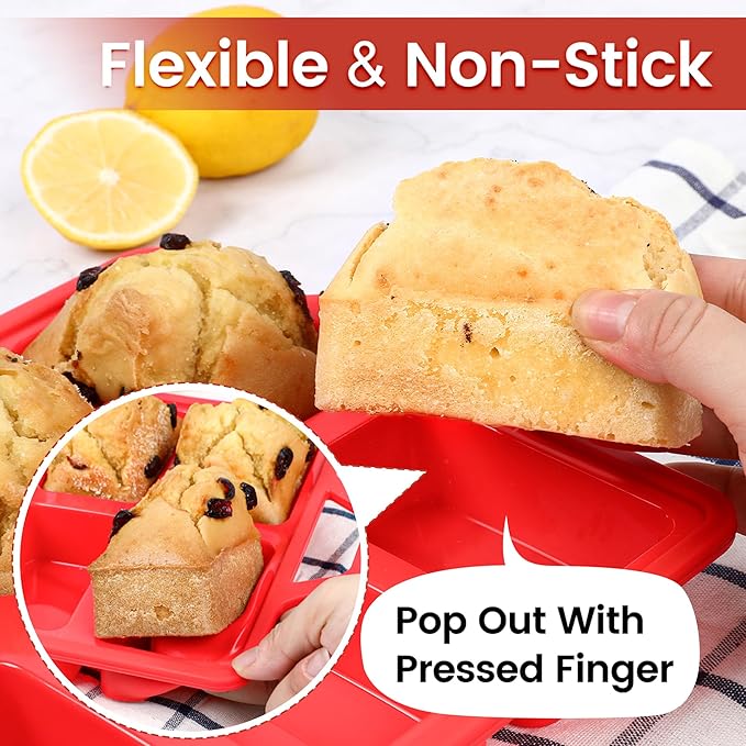 Mini Loaf Pans, Metal Reinforced Frame Silicone Mini Bread Loaf Pans 8 Cavities Nonstick for Baking Cornbread, Bread, Small Loaf, Brownie, Cheesecake, Chocolate 2 Pack Red