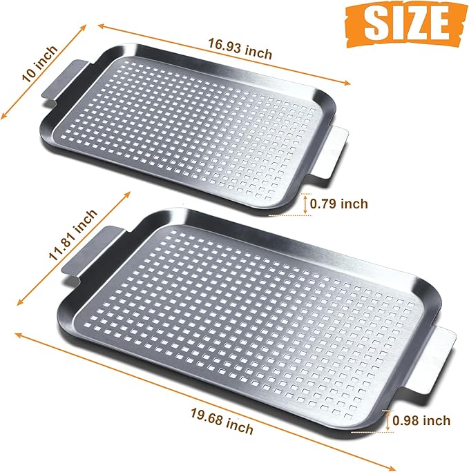 Grill Pan Set of 2, BBQ Grill Topper for Outdoor Grill, Stainless Steel Grilling Baskets with Holes and Handles, Perforated Food Tray Barbecue Accessories for Vegetable, Fish, Large