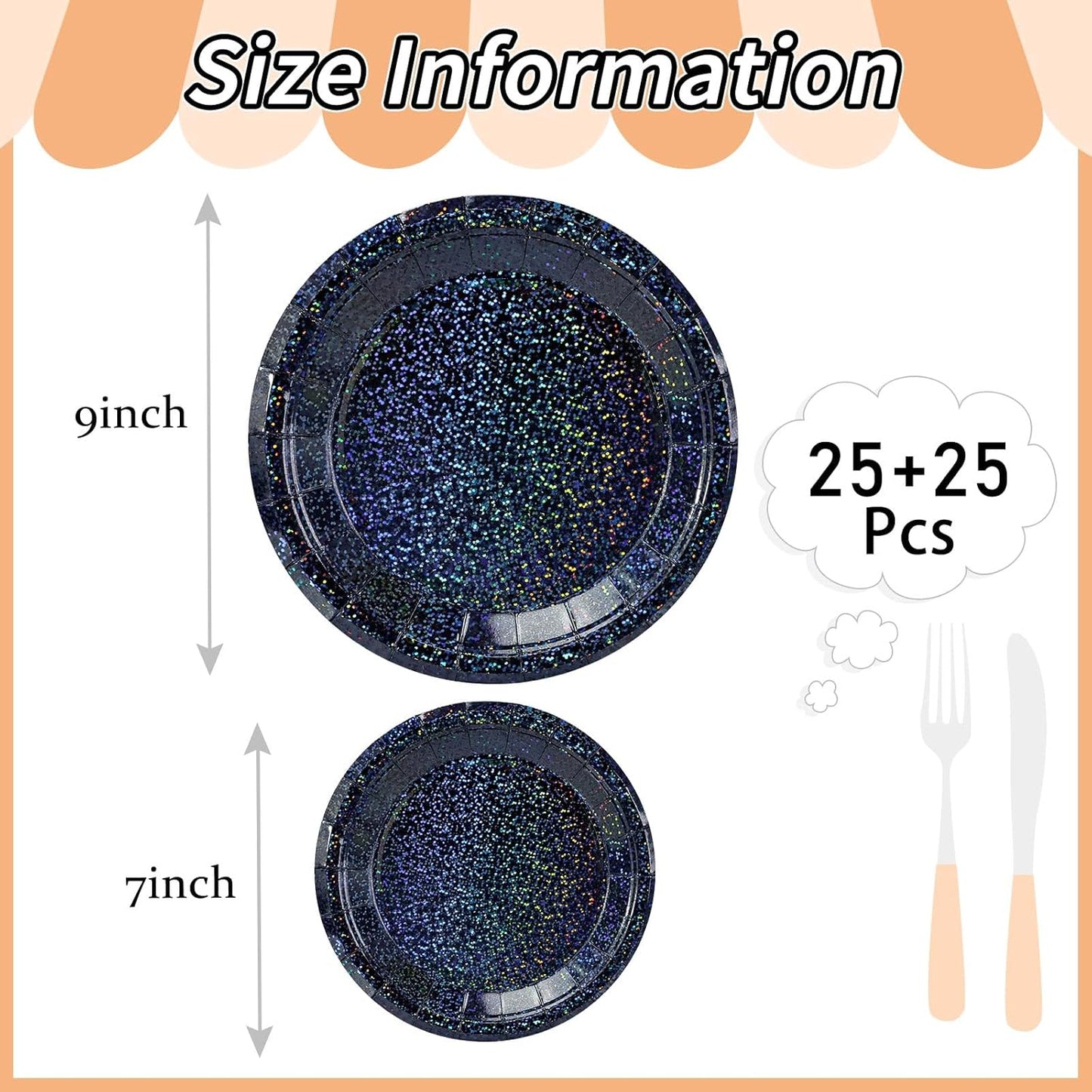 50 Pcs Iridescent Black Paper Plates 25 × 7'' and 25 × 9'' Disposable Black Shiny Holographic Foil Dinner Plates for Wedding Baby Shower Birthday Halloween Party Glitter Dessert Plate