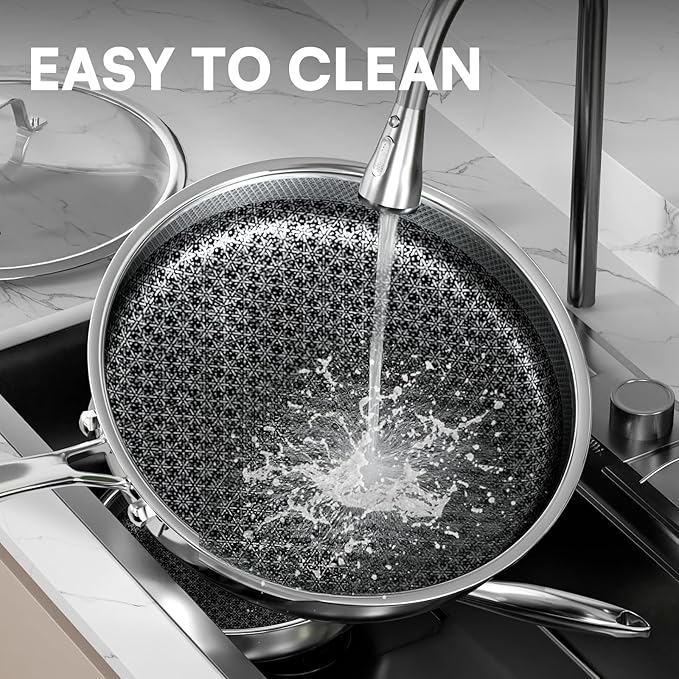 Non Stick Frying Pans with lid, 12 inch Hybrid Frying Pans Nonstick, non stick Stainless Steel Skillets, Dishwasher and Oven-Safe, nonStick Cookware, Induction Compatible Cooking Pan