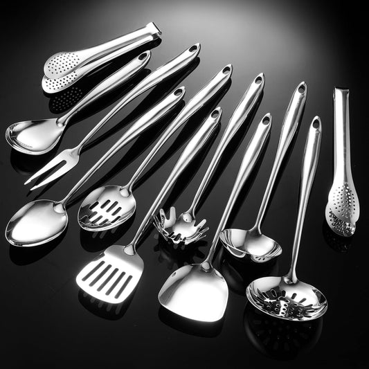 304 Stainless Steel Kitchen Utensil 11 PCS For Cooking, Solid Spoon, Slotted Spoon, Fork, Spatula, Ladle, Skimmer, Slotted Spatula Tunner, Spaghetti and Large Spoon, Tongs