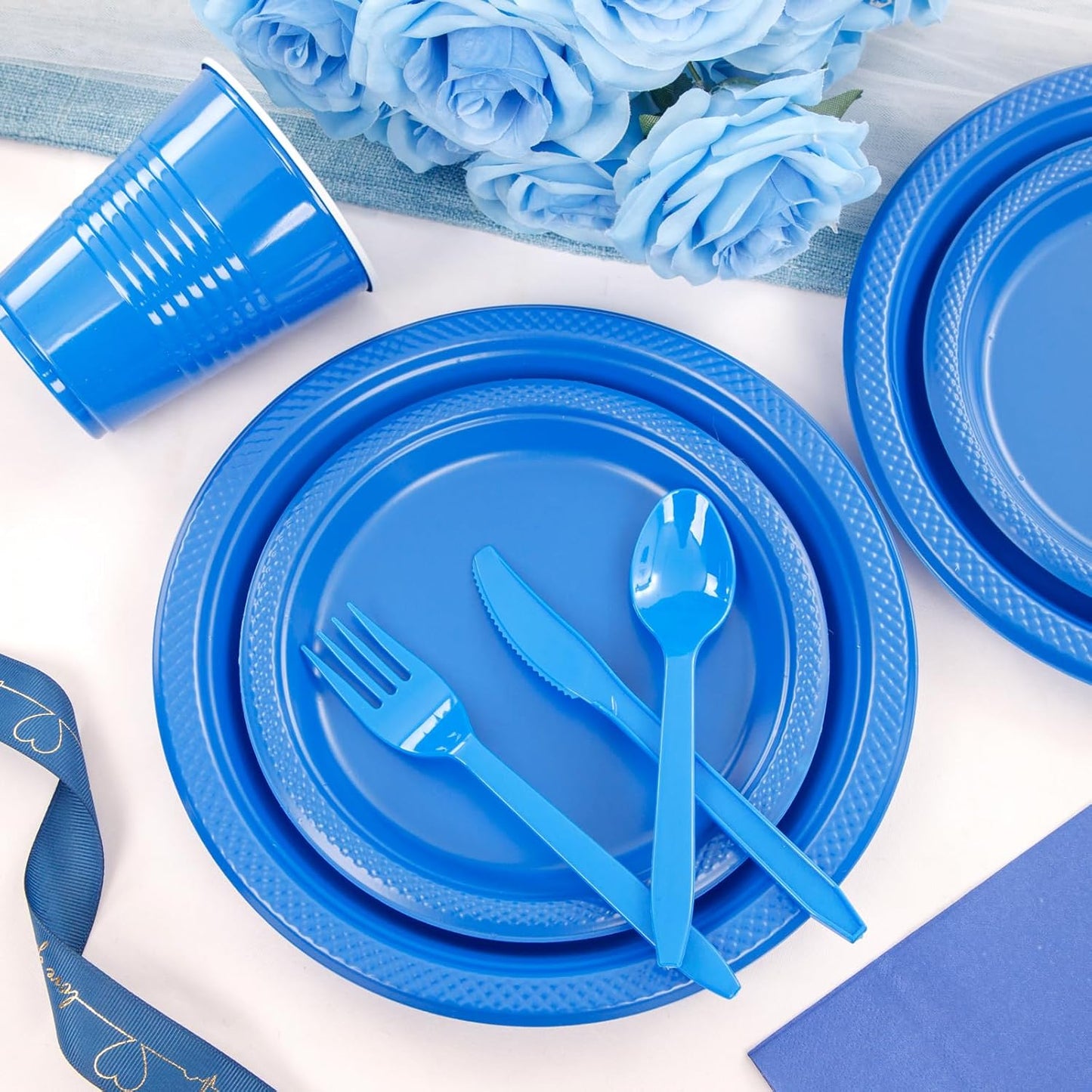 WELLIFE 210 Pcs Blue Party Supplies, Plastic Dinnerware Set, Including Blue Plastic Plates and Napkins, Disposable Cutlery and 12OZ Cups, Serve 30 Guests for Party