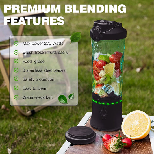 Portable Blender, Shakes and Smoothies Waterproof 20 oz BPA Free Blender Cup and a Travel Lid. (Black, 20 oz)