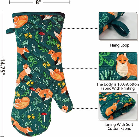 Oven Mitts Cotton Fashion Cute Fox Design 1 pair Heat Resistant Oven Gloves Safe Cooking Baking Grilling Barbecue Machine Washable (fox, oven mitts)