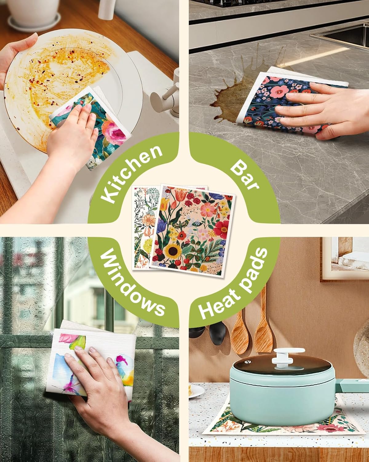 6 Pack Swedish Dishcloths for Kitchen - Reusable Dish Cloths for Washing Dishes Absorbent Cute Funny Kitchen Towels Cleaning Sponge, Floral Bird
