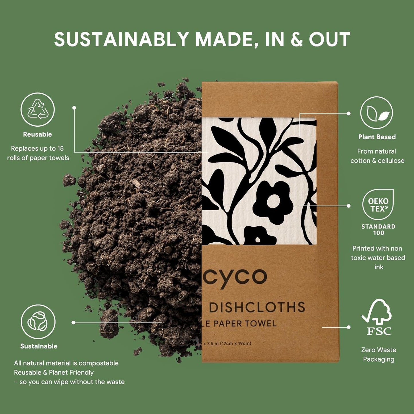 RECYCO Swedish Dishcloths for Kitchen | 5 Pack Black & White Geo Washable Dish Rags | Cellulose Reusable Cleaning Paper Towels | Absorbent Counter Dish Cloth Sponge Kitchen Wipes, 8" L x 7" W