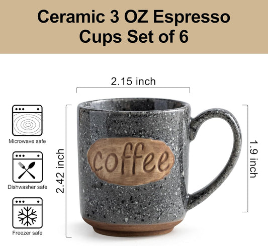 LYEOBOH Espresso Cups, Coffee Cups, Tea Cup - 3 oz Grey Ceramic Set of 6, Mini Coffee Mugs, Demitasse Cups, Espresso Shot, Microwave Dishwasher Safe, Ceramic Mugs, Perfect for Daily Use & Tea Time