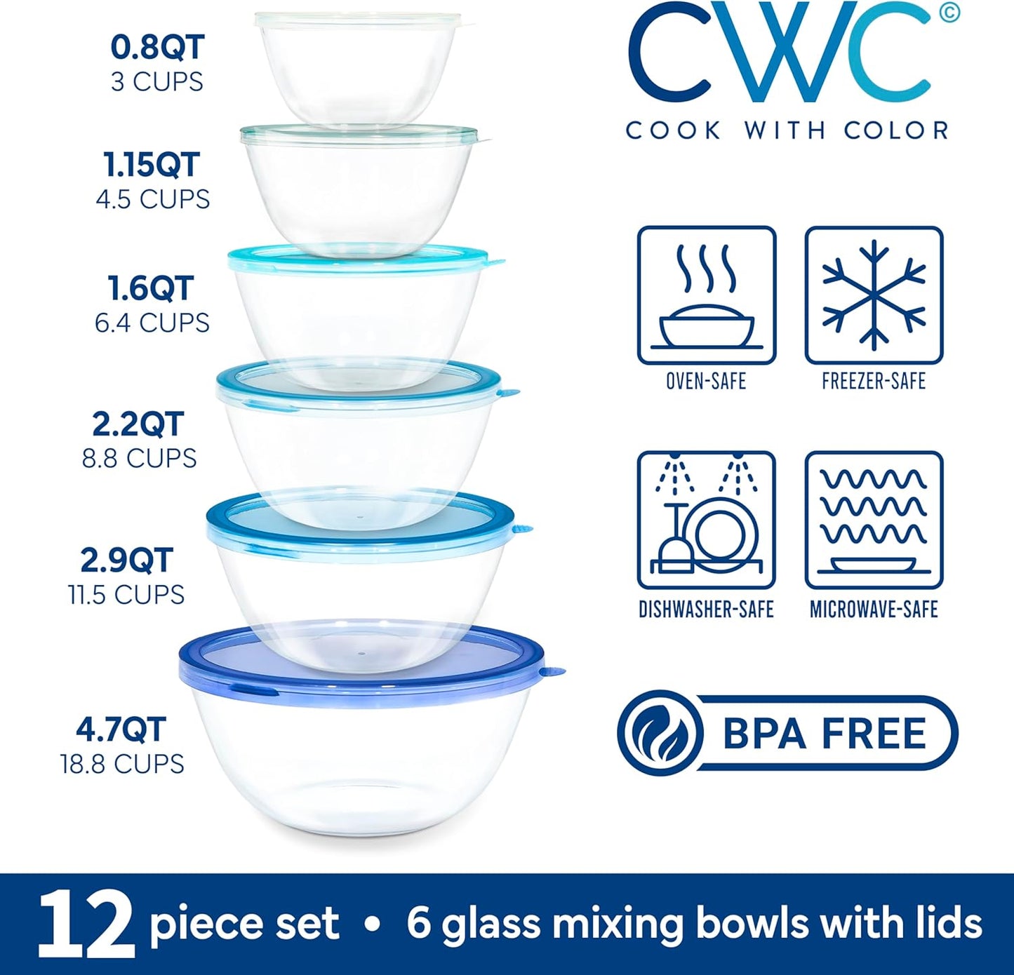 COOK WITH COLOR 12 Pc Glass Mixing Bowl Set with Lids – Borosilicate Glass Nesting Bowls for Cooking, Baking and Meal Prep, Blue
