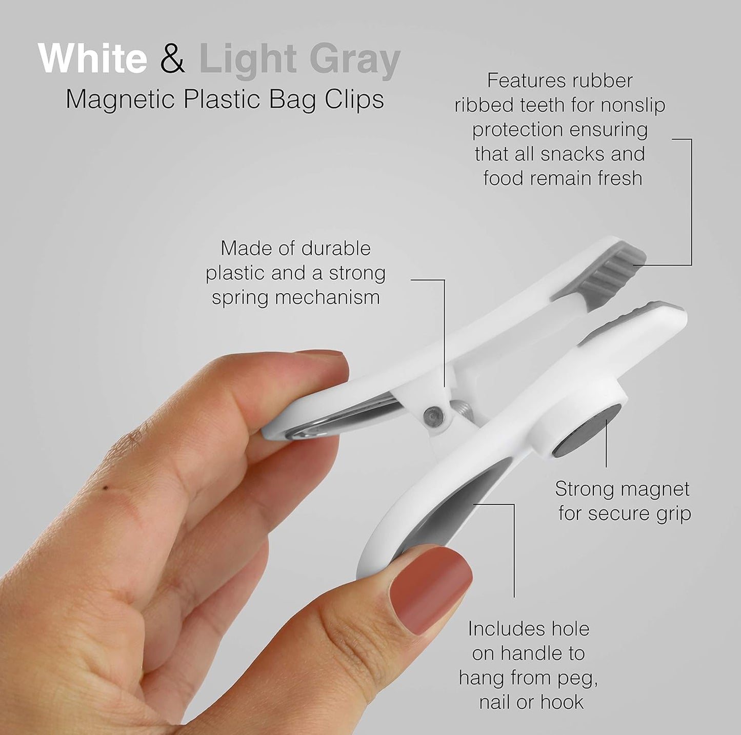 COOK WITH COLOR Bag Clips with Magnet- Food Clips, Chip Clips, Bag Clips for Food Storage with Airtight Seal Grip for Bread Bags, Snack Bags and Food Bags (White, Pack of 20)