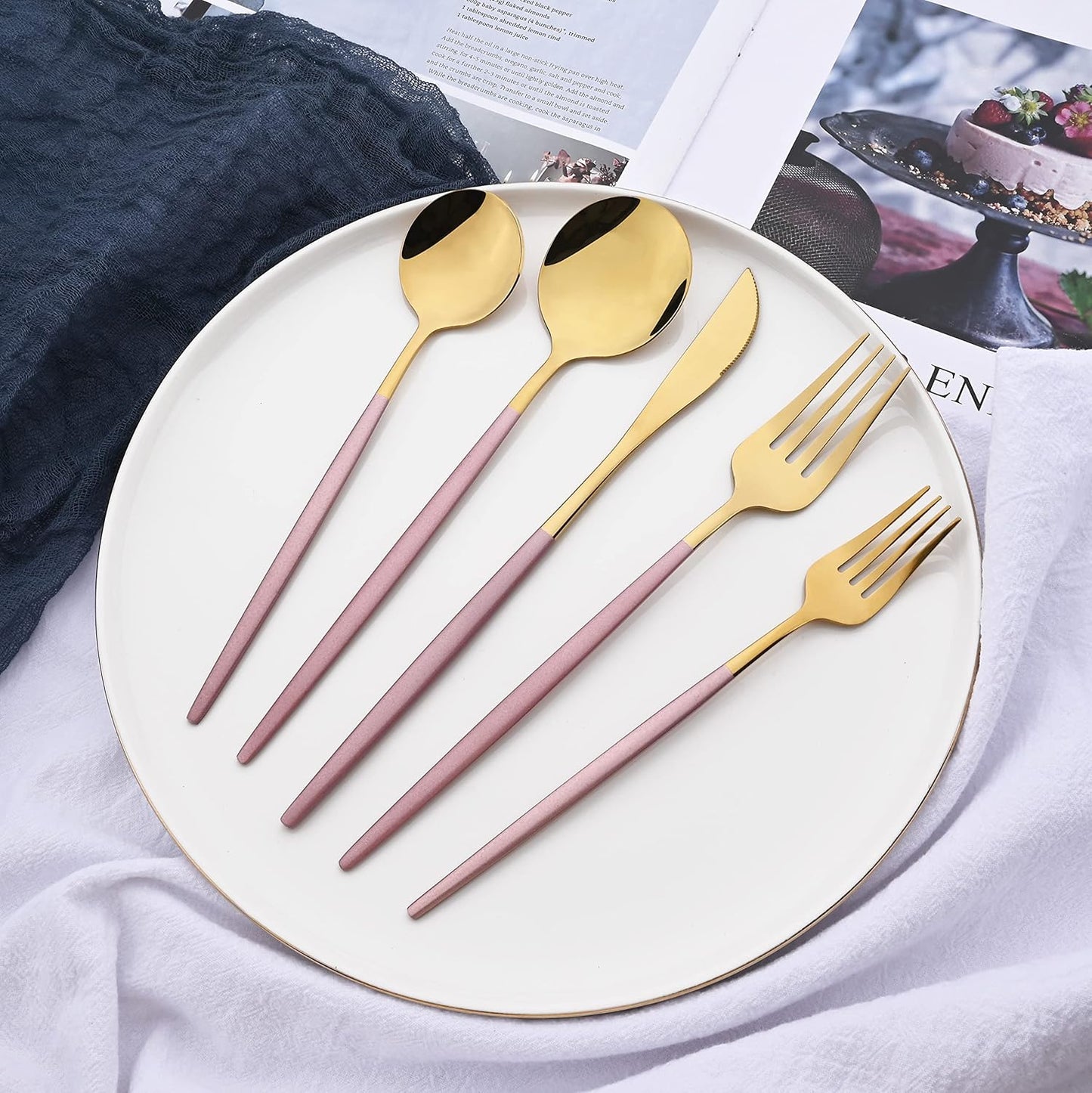 Silverware Set – 20 Piece Family Dinnerware Set – Flatware Set Service For 4 – Pink Gold Tableware Sets – Cutlery Great For Family Gatherings & Daily Use – Spoons, Knives, Forks