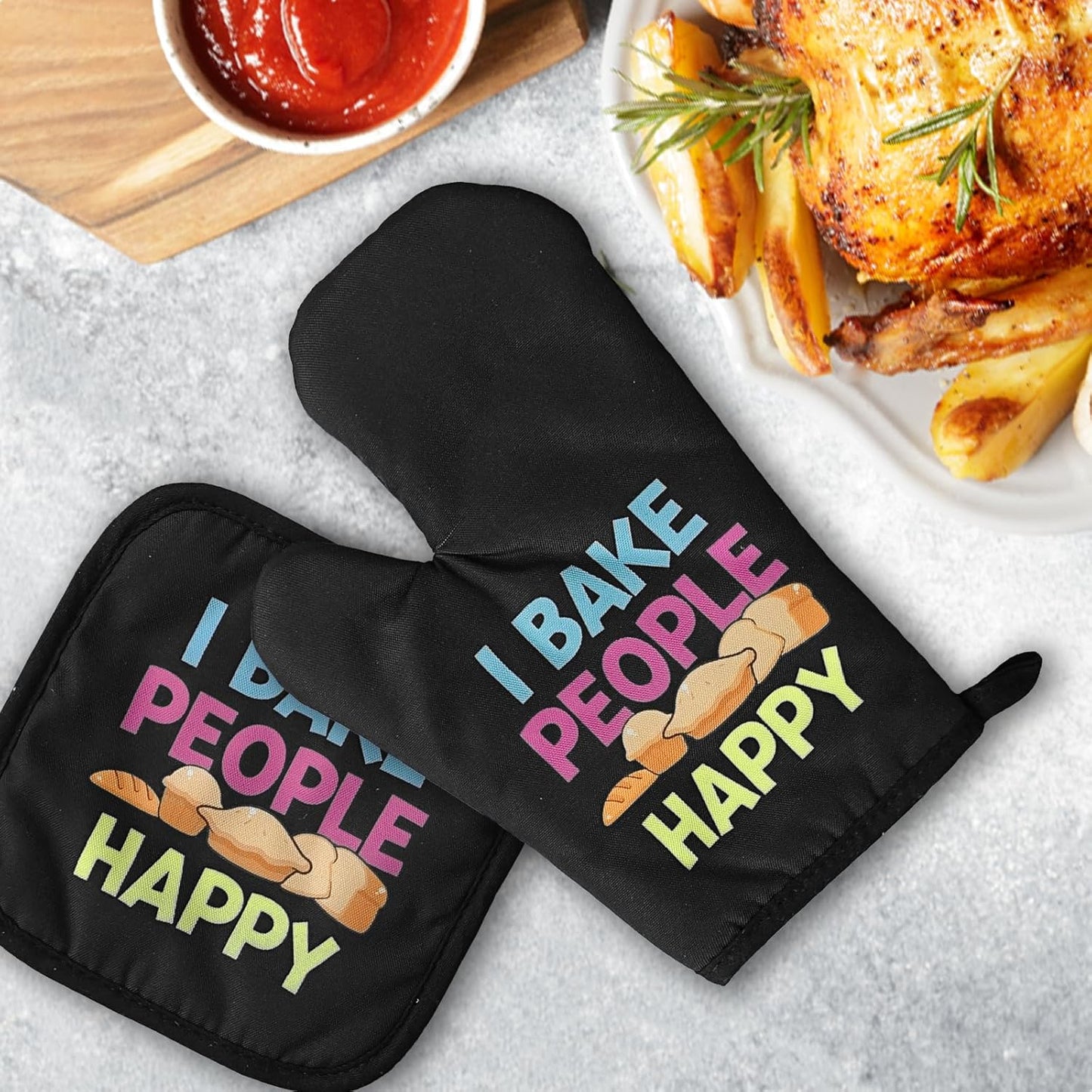 Funny Baking Oven Mitts and Pot Holders（Set of 2） I Bake People Happy Heat Resistant Mitts Silicone Non-Slip Oven Mitts Bake Lover Gift Novelty Birthday Gift for Women Men Friend Sister Chef