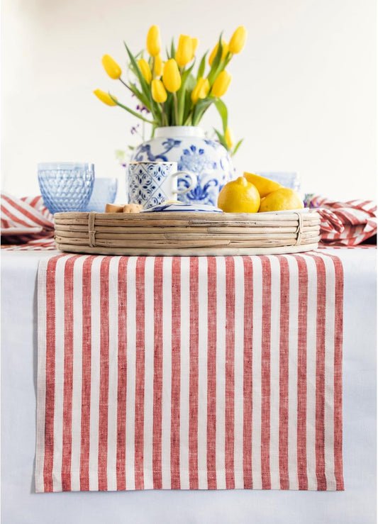 Solino Home Striped Linen Table Runner 144 Inches Long - Amalfi Stripe 100% Pure Linen Red and White Dining Table Runner 14 x 144 Inch