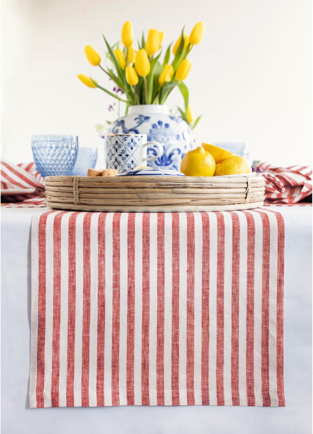 Solino Home Striped Linen Table Runner 156 Inches Long - Amalfi Stripe 100% Pure Linen Red and White Dining Table Runner 14 x 156 Inch