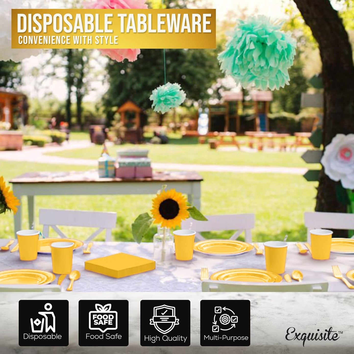 Exquisite 350 Pieces Yellow Paper Plates For Party, Yellow Disposable Plates Set, 50 Of Each 9" Dinner Plate Set, 7" Dessert Plate, Cups, Napkins & Cutlery Paper Dinnerware