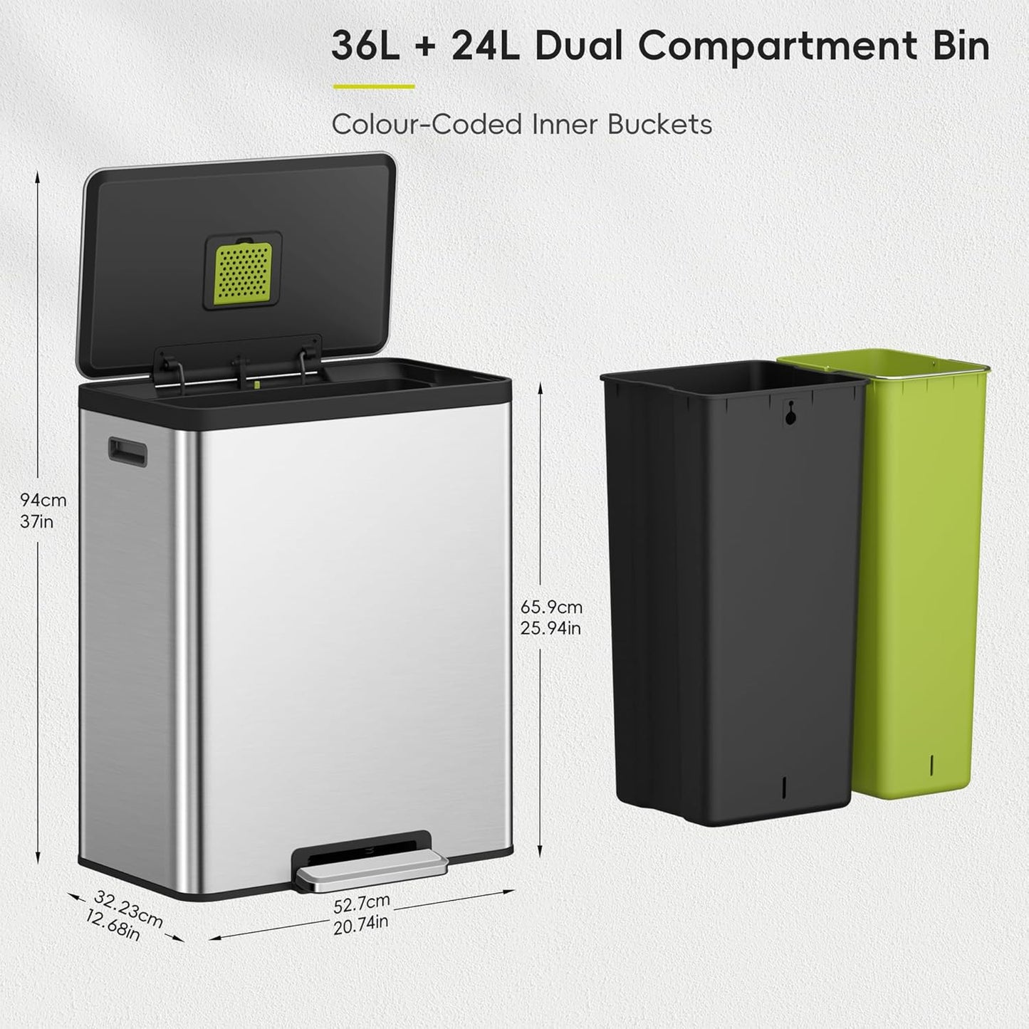 EKO EcoCasa II 36L+24L Dual Trash Can with Recycle Bin, Stainless Steel Garbage Can with Lid, Deodorizer Compartment, Odor-Proof and Fingerprint Resistant