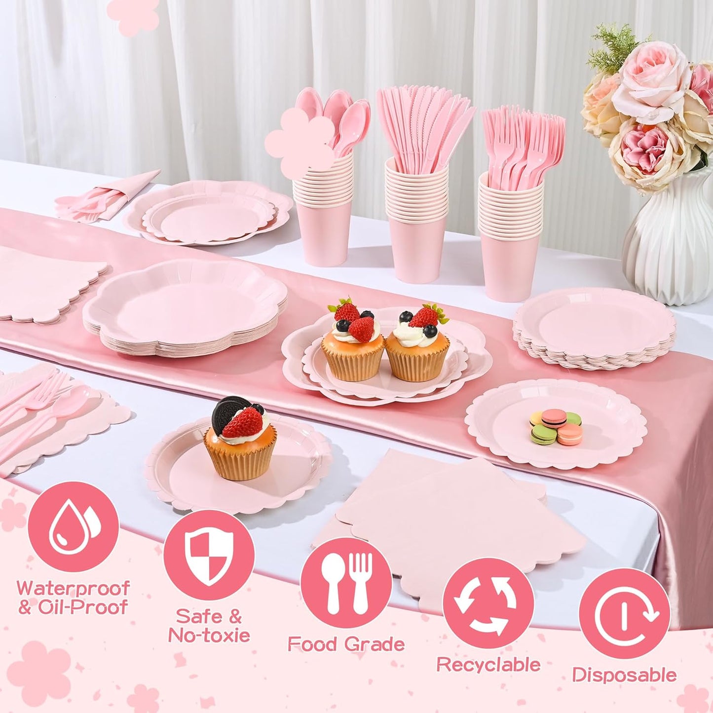 175 Pcs Light Pink Plates Cups and Napkins Set, Pink Scalloped Dessert Plates Party Supplies for 25 Guests Include Disposable Pink Party Plates Napkins Cup Cutlery for Baby Shower Wedding Birthday
