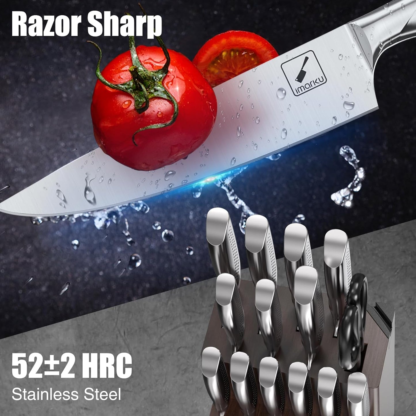 imarku® Knife Set, 15-Pieces HC Stainless Steel Kitchen Knife Set With Built in Knife Sharpener, Razor-Sharp Blade Knife Block Set With Non-Slip Handle, Dishwasher Safe, Best Birthday Gifts