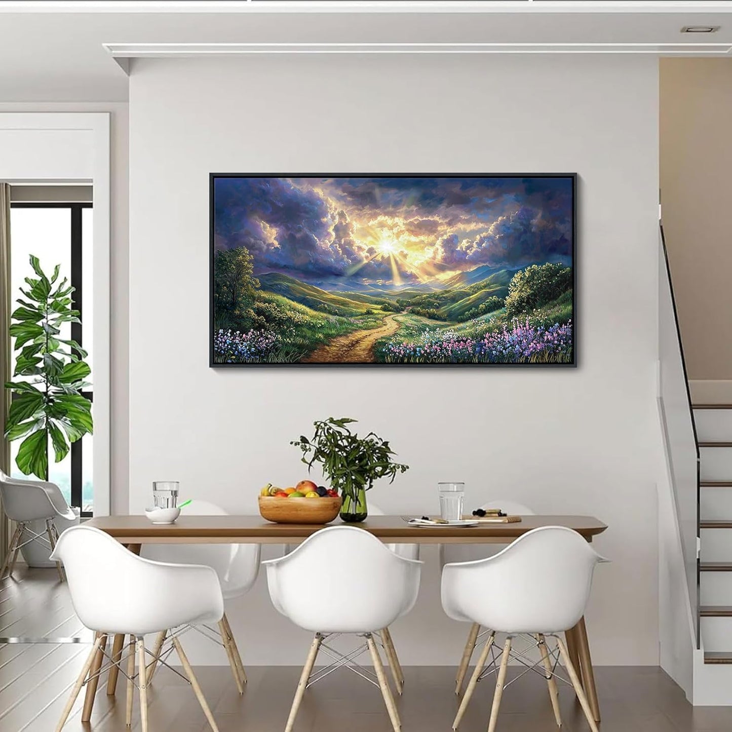 HKDGOKA Landscape Canvas Wall Art, Green Mountains Purple Clouds Flower Scenery Pictures Paintings Framed Artwork for Living Room Bedroom Bathroom Office Kitchen Home Wall Decor 20x40 IN