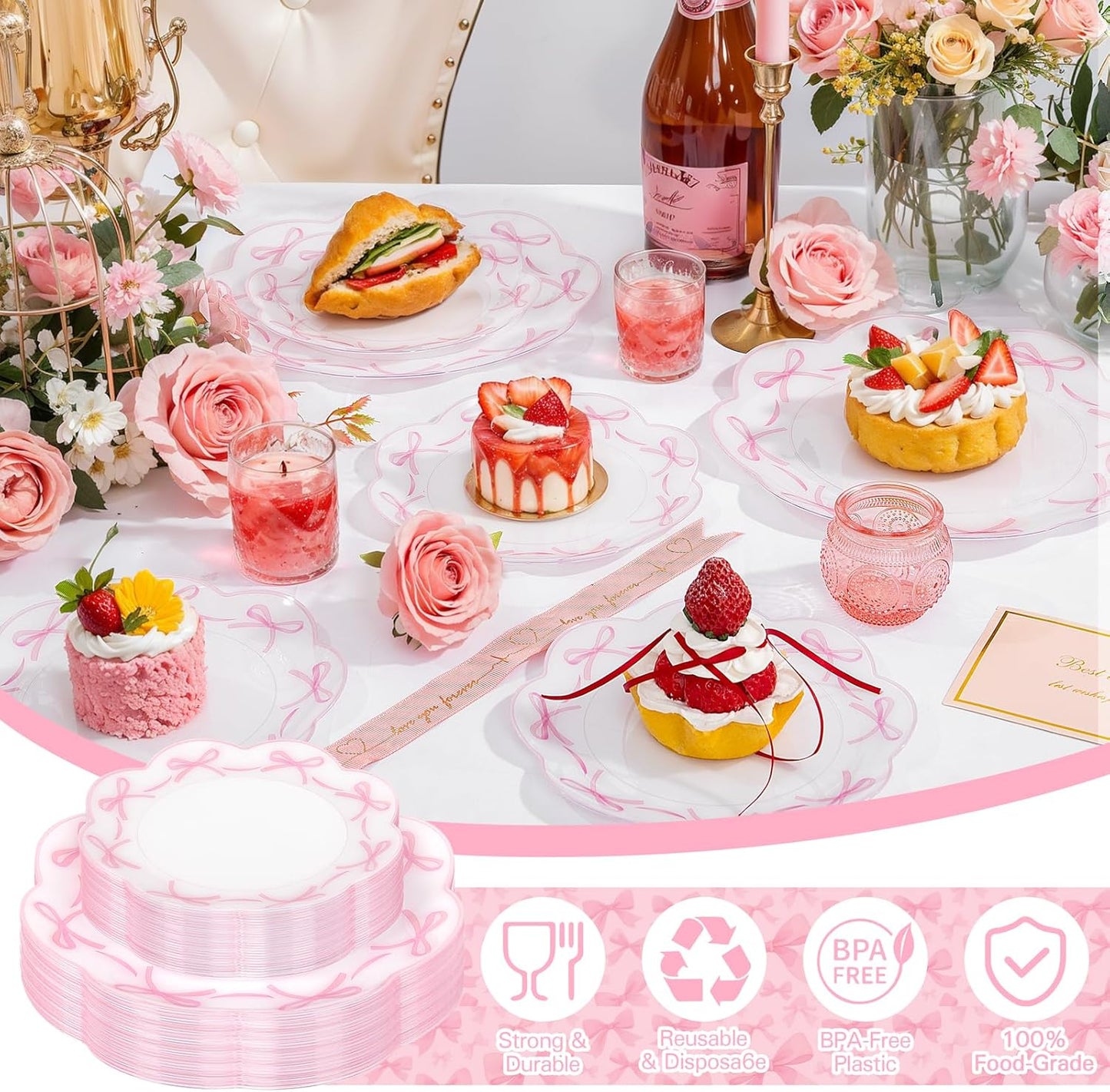 LIYH 60 Pcs Pink Plastic Plates for Party Bow Plates - Pink Porcelain Scalloped Plastic Plate Disposable Heavy Duty for Wedding Bridal Shower Floral Dinnerware Set - 10.25" Dinner & 7.5" Dessert Plate